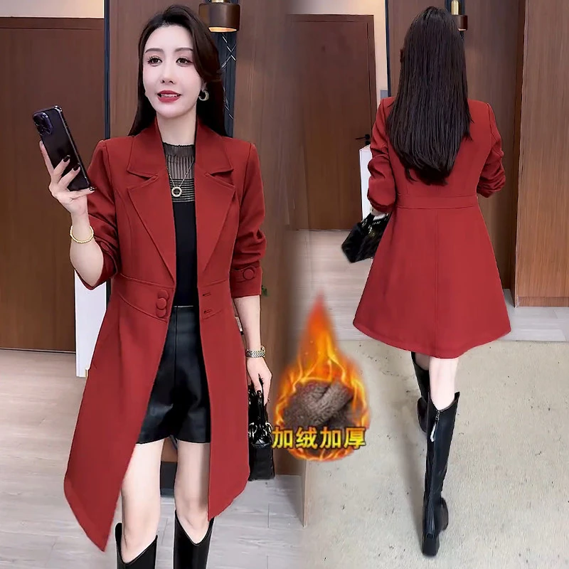 加绒加厚风衣女2025冬季新款洋气质修身显瘦中长款保暖西装领大衣