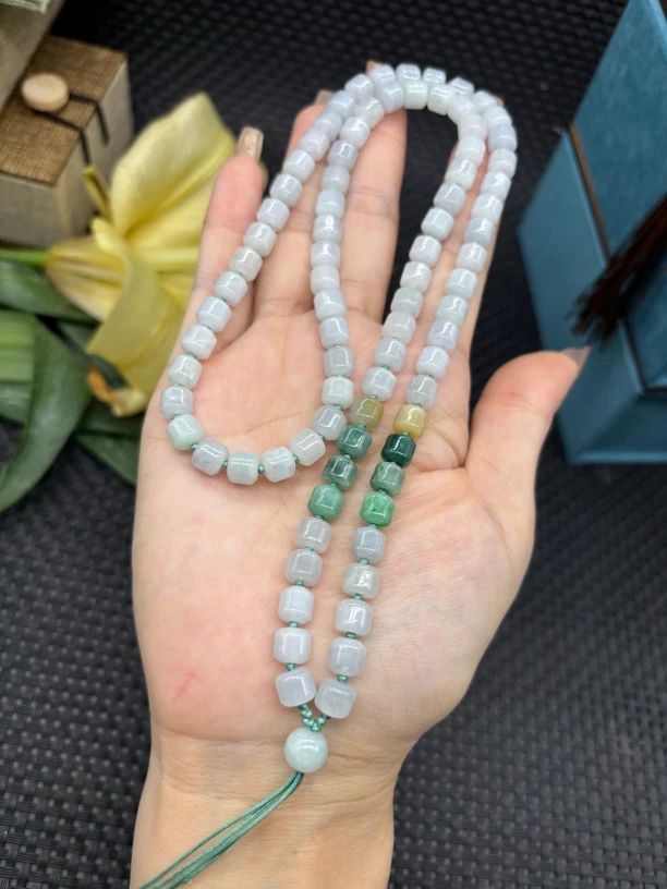 福利天然缅甸翡翠A货三彩黄翡桶珠6.6mm拼色玉石挂件绳毛衣链长链