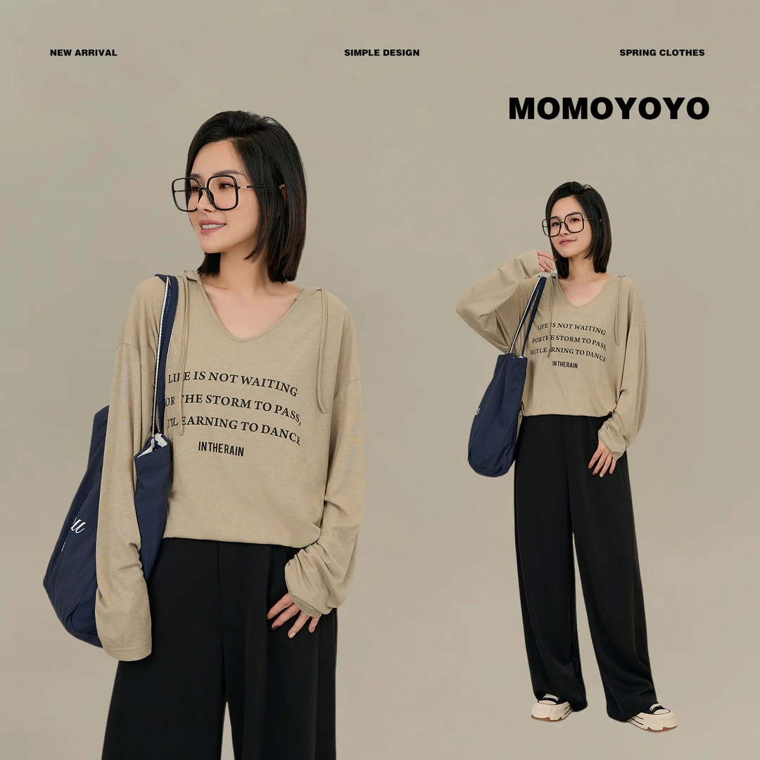 辰辰妈【氛围感】字母印花透气亲肤百搭连帽上衣带帽字母T恤7575DM