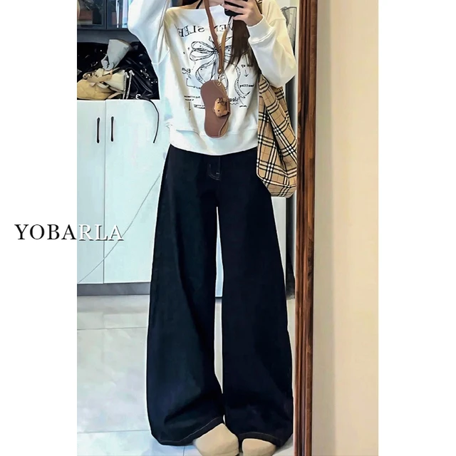 深蓝色阔腿牛仔裤女夏季新款胖mm大码显瘦梨形身材宽松垂感直筒裤