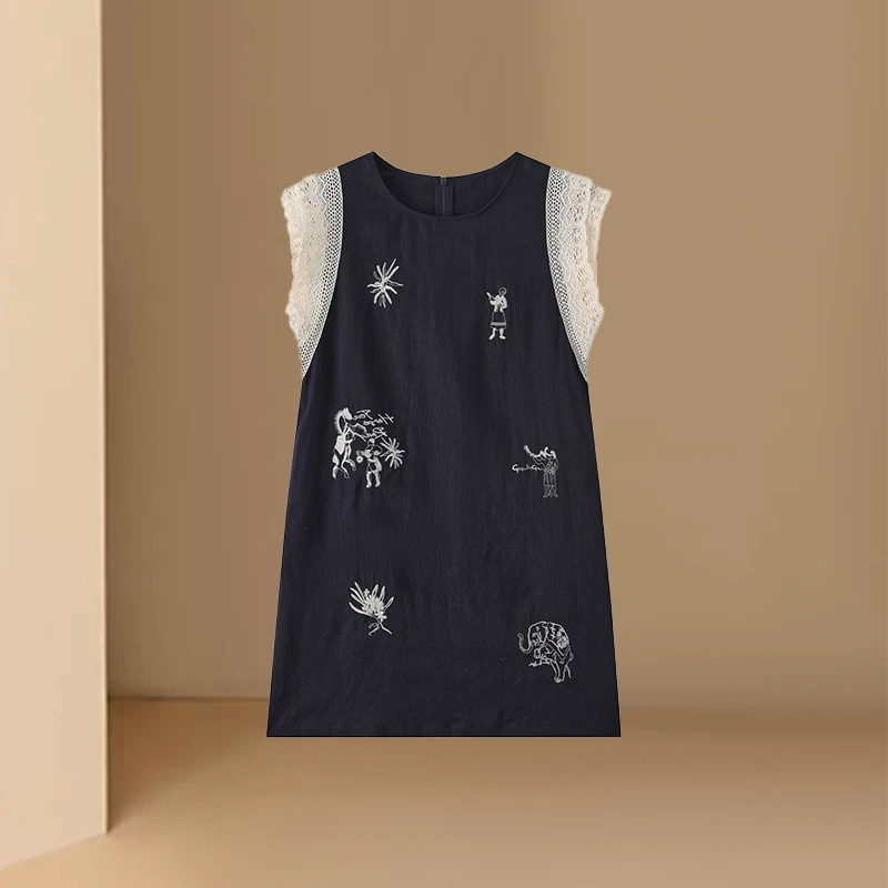 气质蕾丝拼接设计连衣裙2025夏季新款高级感刺绣显瘦遮跨背心裙