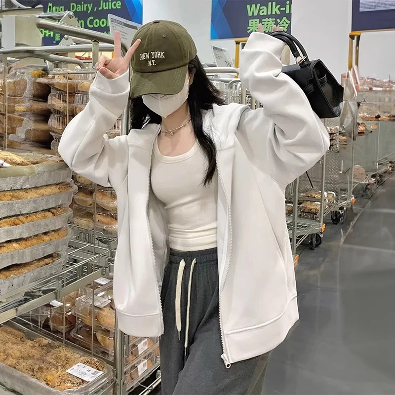 白色连帽卫衣女外套初春秋季运动休闲新款爆款宽松开衫拉链上衣