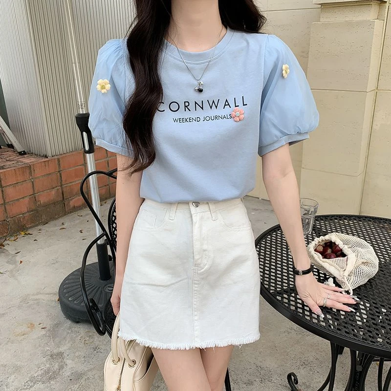 复古小清新泡泡袖T恤女短袖夏季2025年新款正肩宽松显瘦上衣