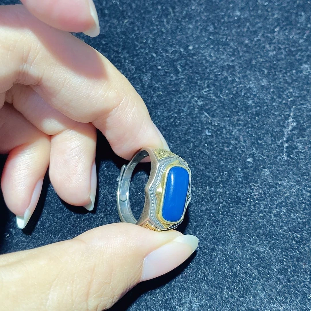 蓝珀银S925镶嵌珠宝奇石多米戒指