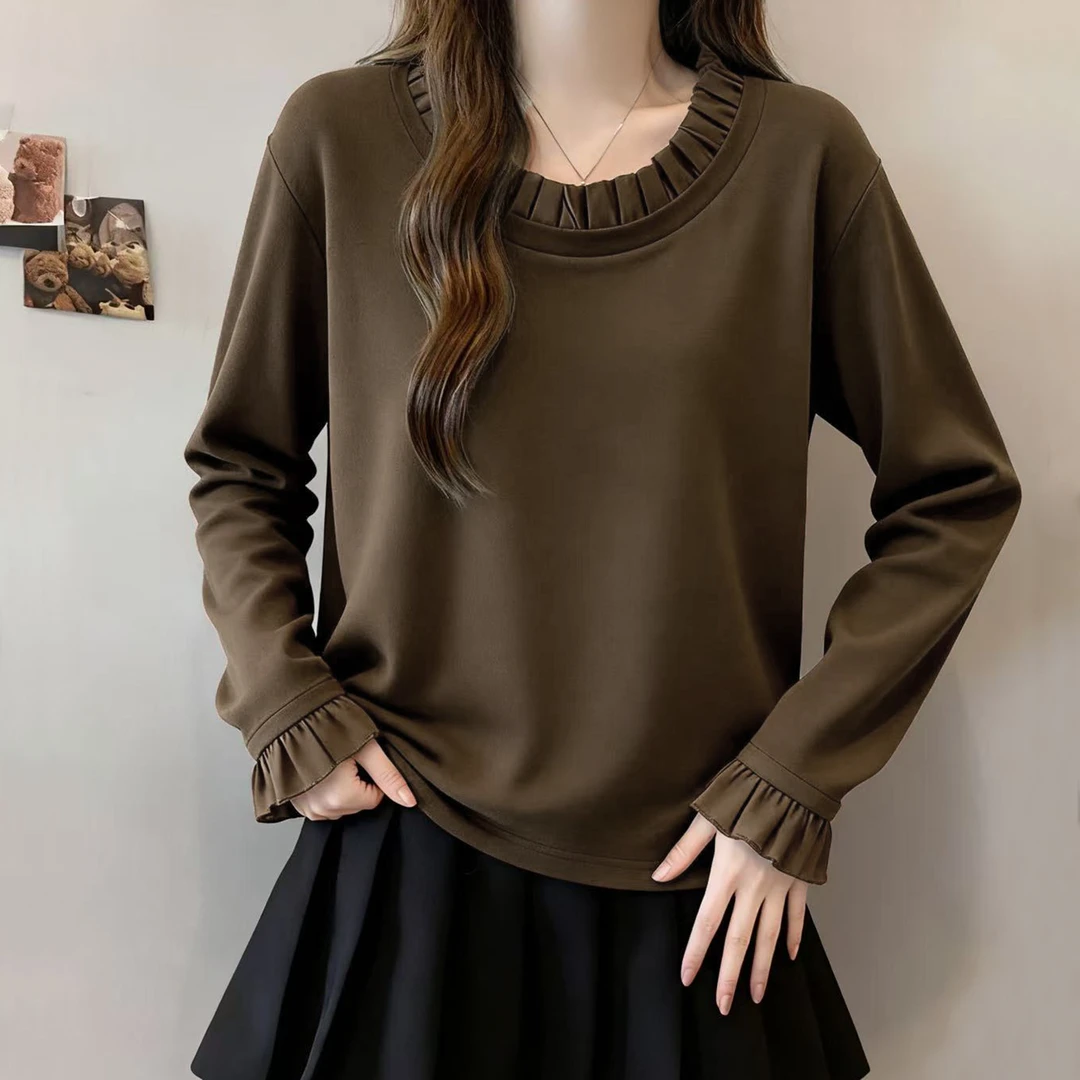 纯色新款蕾丝拼接长袖打底衫女时尚减龄显瘦上衣2025秋冬简约休闲