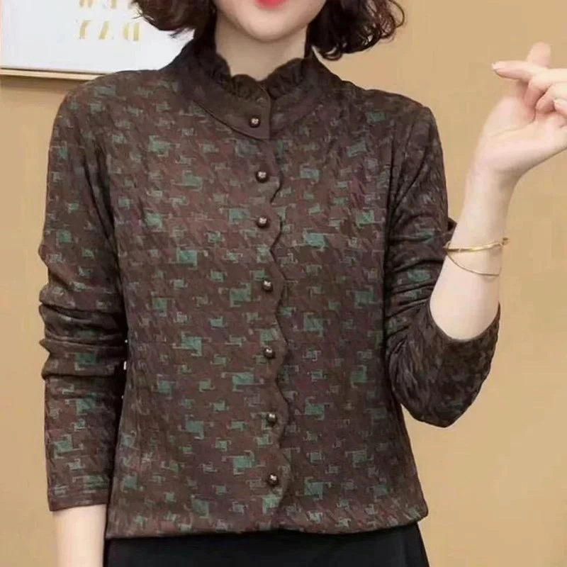 妈妈装秋冬新品时尚洋气百搭木耳边长袖打底衫女士加绒保暖上衣