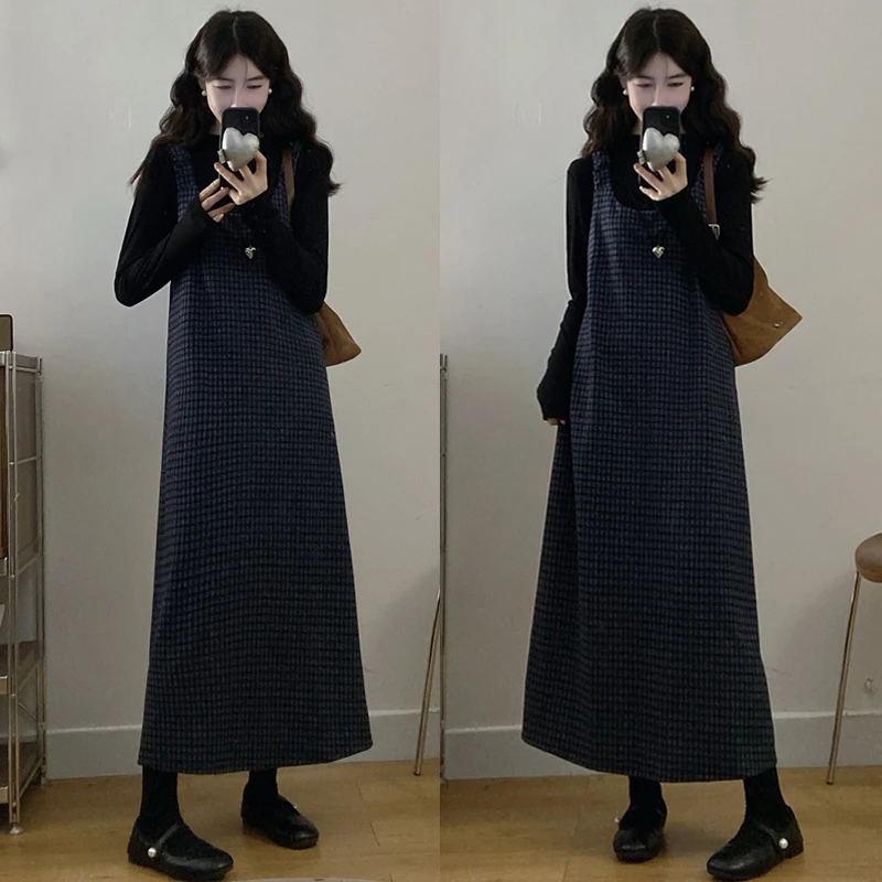 大码胖mm秋季新款韩版时尚百搭格子吊带裙打底衫遮肉两件套装女