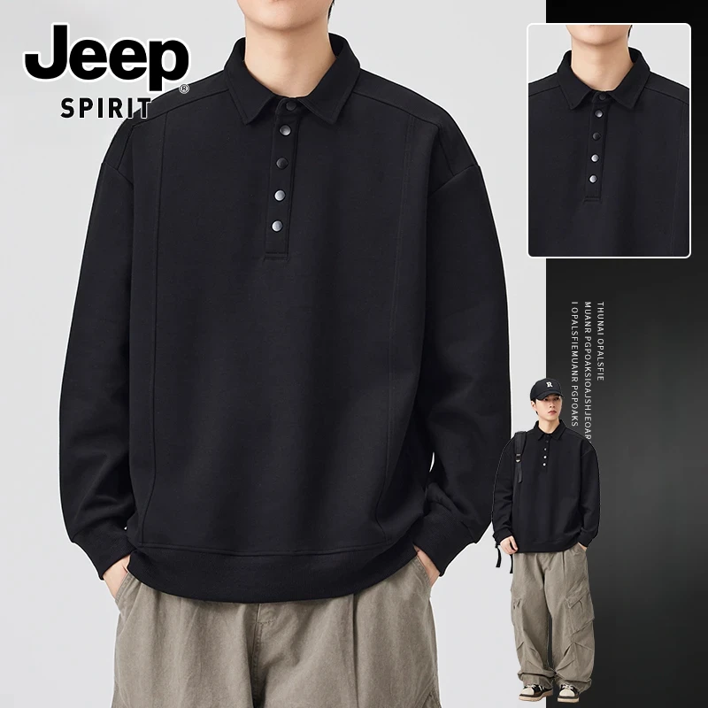JEEPSPIRIT吉普美式重磅长袖POLO衫卫衣秋季潮流宽松百搭翻领上衣