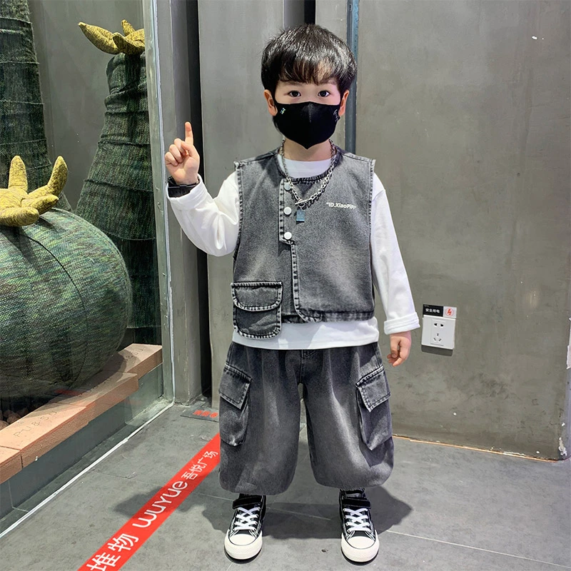 男童春装2025新款套装洋气男孩宝宝春秋款牛仔马甲三件套儿童衣服