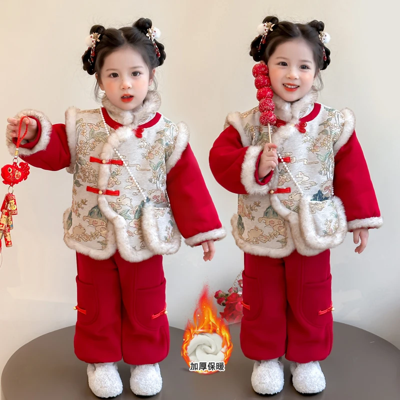 拜年服女童国风套装冬季儿童中式古装汉服女宝宝唐装喜庆新年衣服