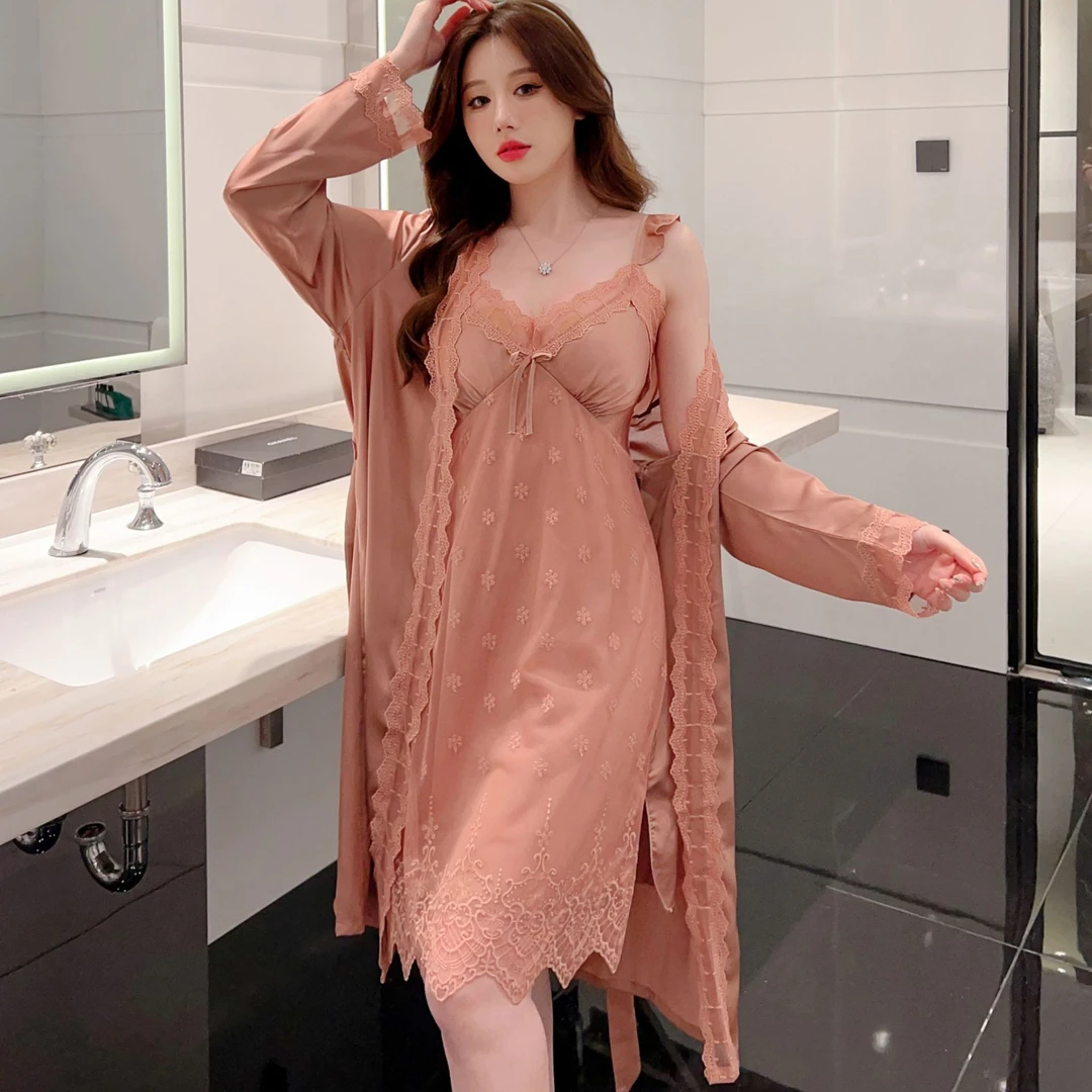 冰丝浴袍吊带睡衣女夏两件套装性感蕾丝带胸垫睡衣纯欲家居服睡袍