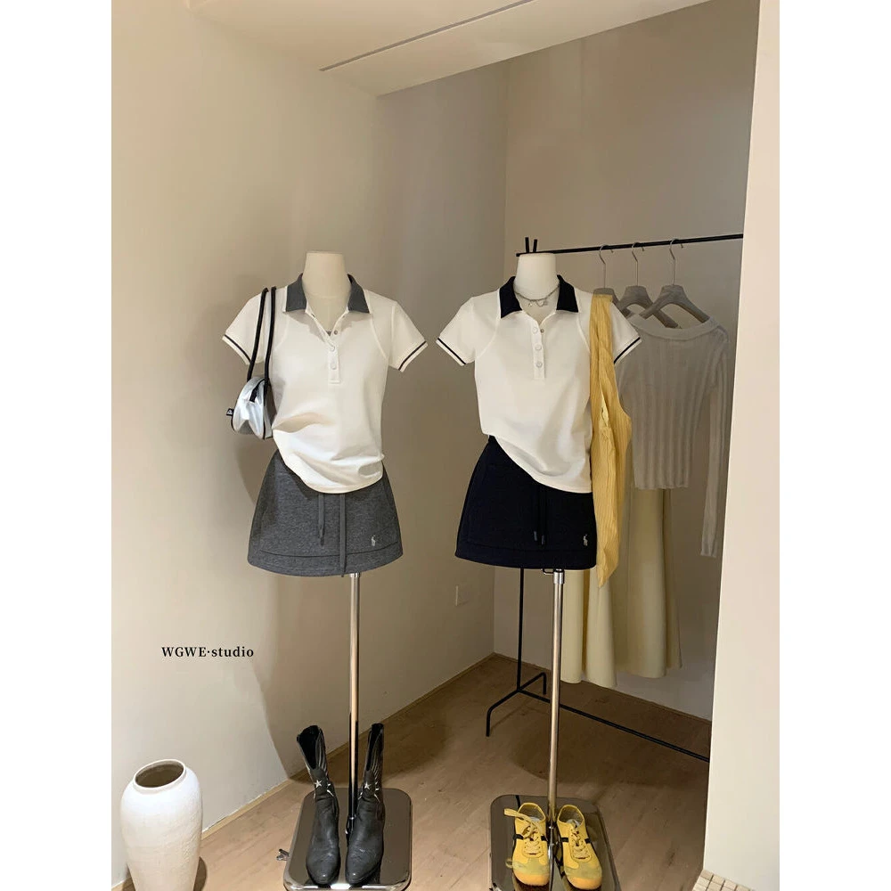 夏新款韩系纯棉撞色领口polo衫上衣休闲短裙子两件套装