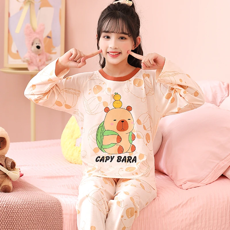 女童睡衣长袖棉质春秋季新款儿童大童卡皮巴拉薄款女孩家居服套装