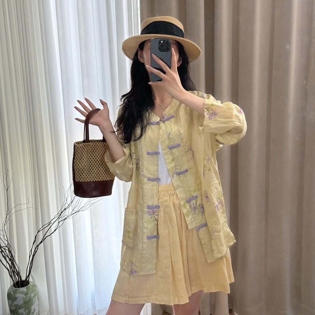 【苏里】“盛夏”新中式禅意碎花苎麻盘扣衬衫长袖防晒重工印花上衣女