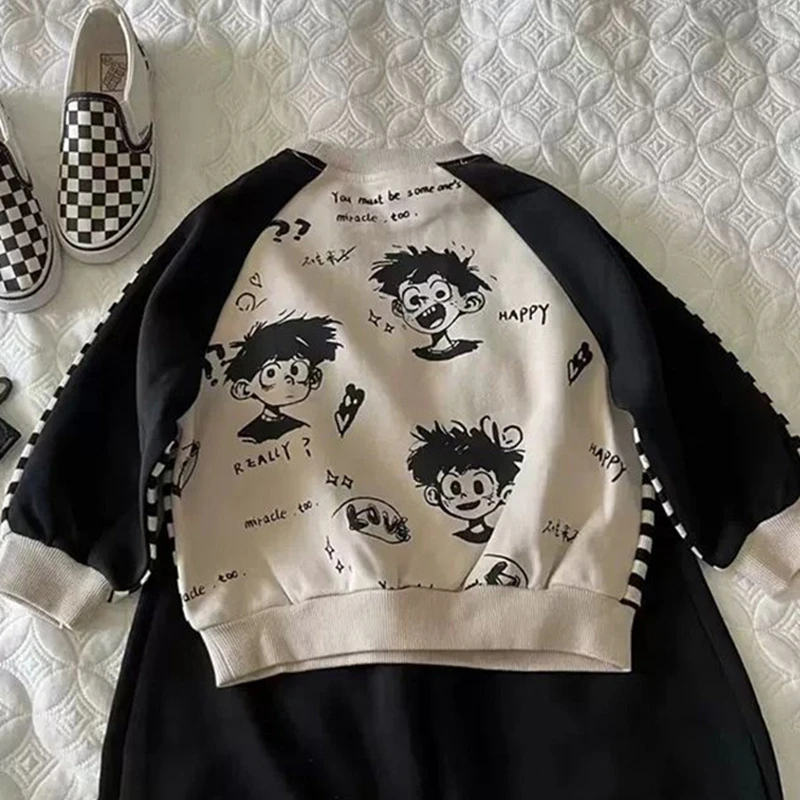 卡通涂鸦印花条纹拼接加绒卫衣男女童秋冬时尚小众酷帅百搭上衣服