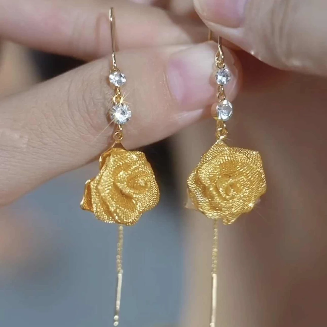铜合金耳饰 金色玫瑰花流苏耳线时尚优雅耳钉小众设计感耳环气质