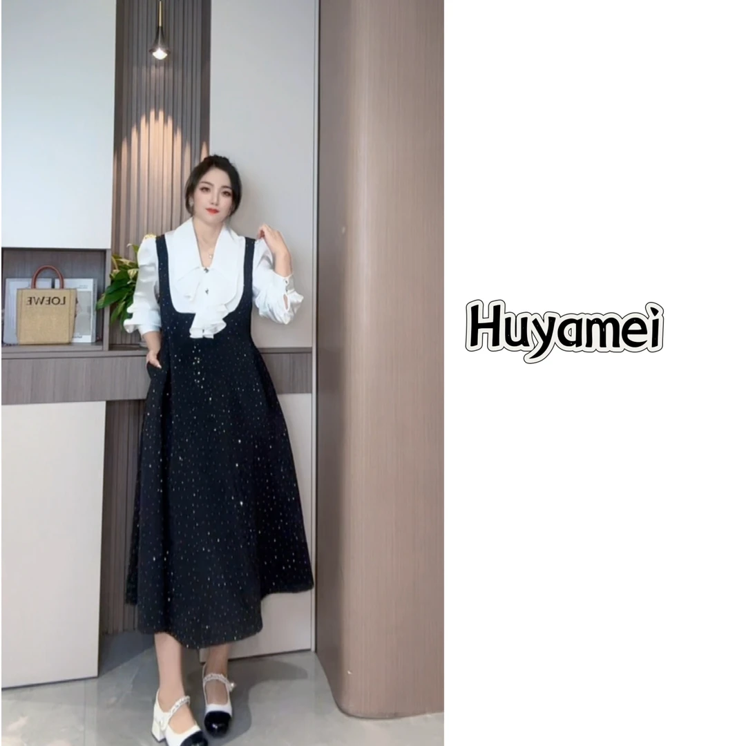 法式高级感减龄背带V领收腰长袖秋冬季气质显瘦连衣裙女小香风