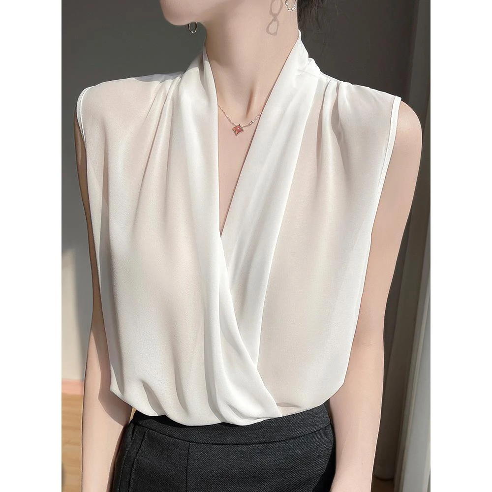 法式优雅缎面V领吊带背心女西装内搭无袖衬衣小众别致外穿上衣t恤