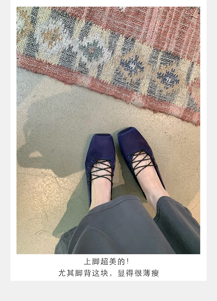 羊皮版~法式复古气质方头缎面交叉带芭蕾单鞋女内增高玛丽珍鞋女