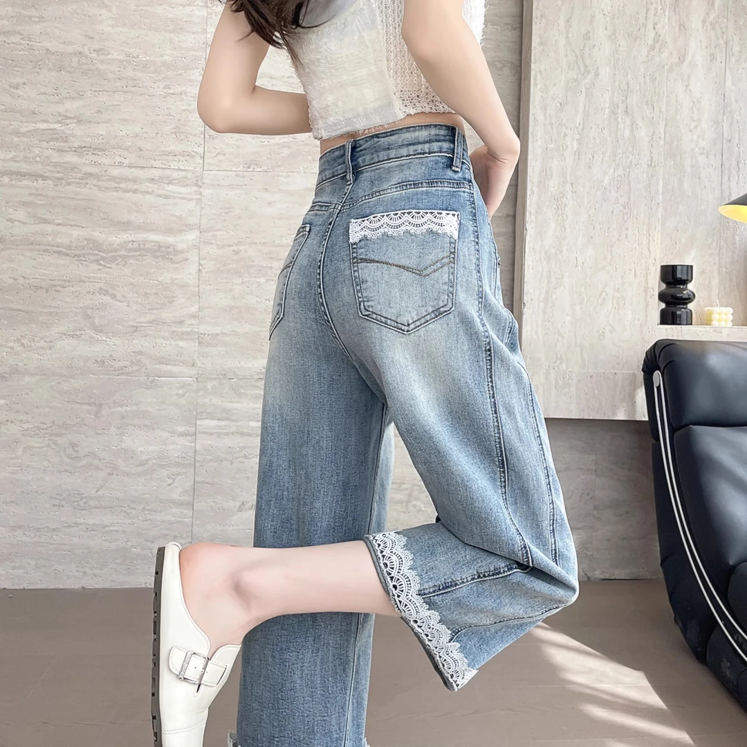 爆款蕾丝新款牛仔裤夏装裤子女夏季薄款小个子宽松高腰八分阔腿裤