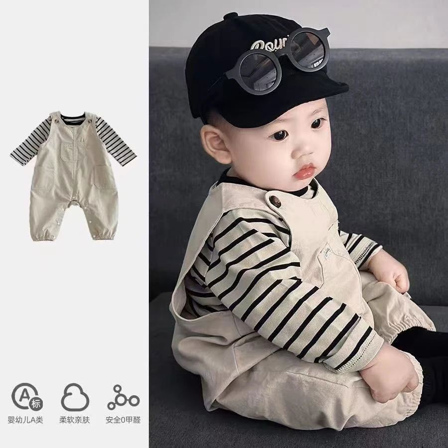 2025新款宝宝秋季套装条纹婴儿衣服洋气婴幼儿背带裤连体男女