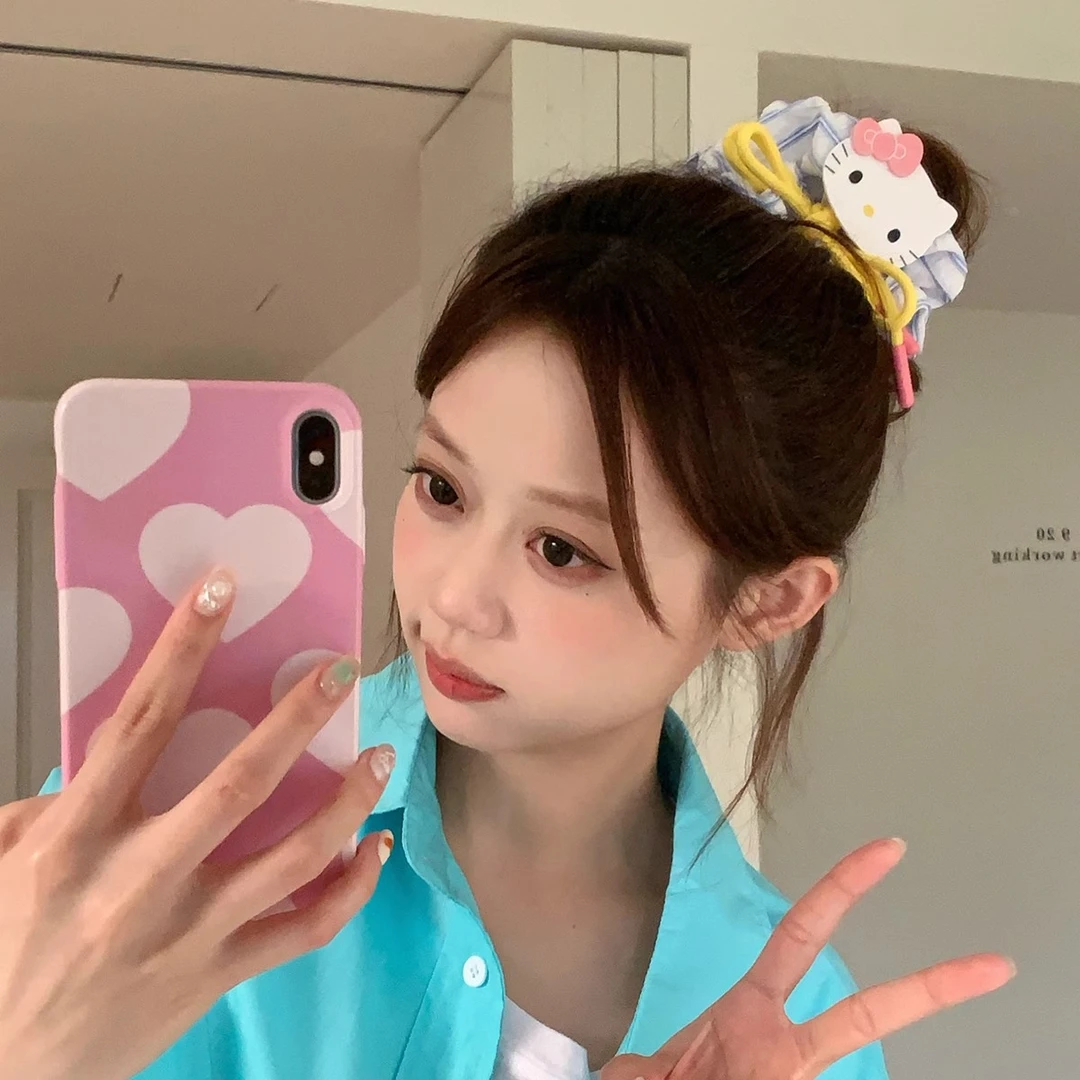 韩系KT猫咪蝴蝶结大肠圈发绳清爽蓝条纹大号发圈头绳丸子头皮筋