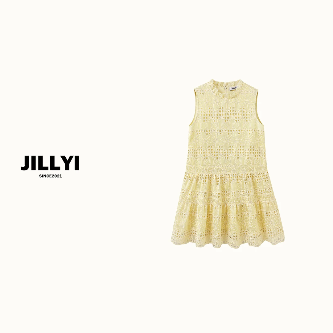 JILLYI【奶酪陷阱】奶黄色圆领花朵刺绣镂空工艺清新少女风连衣裙