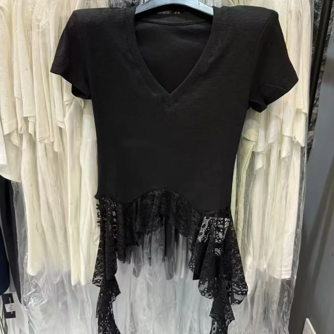2025夏季新款纯欲辣妹蕾丝拼接修身百搭V领不规则飘带T恤上衣