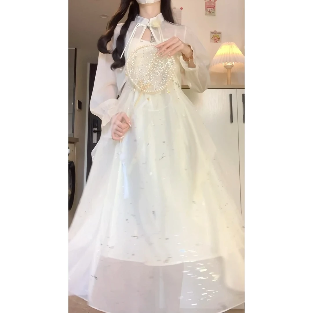 新款设计款花朵蝴蝶飘带新中式仙女裙连衣裙仙气温柔气质白月光