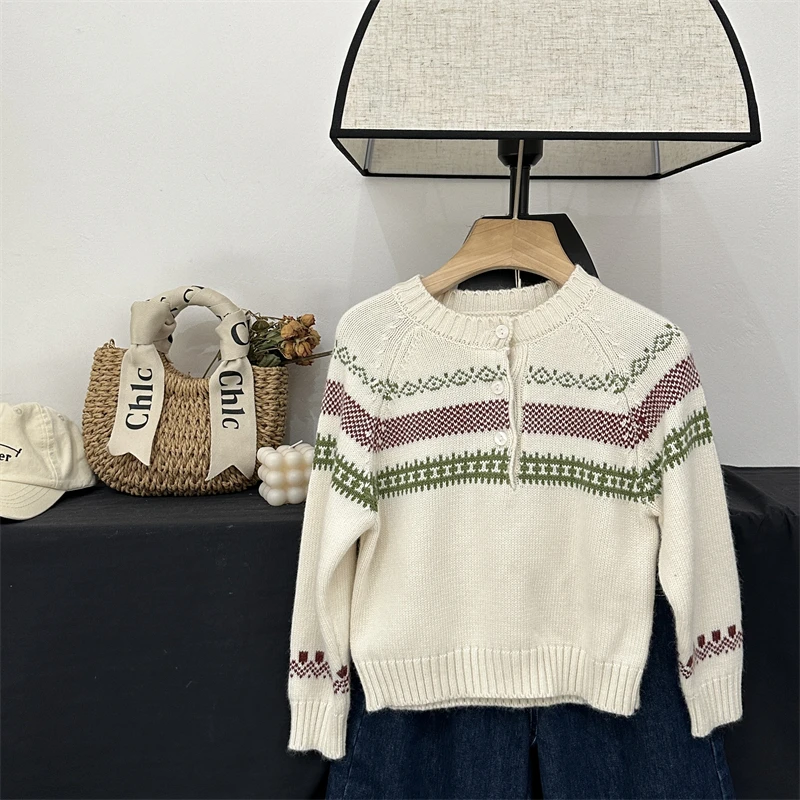 【现货】女童毛衣春秋款洋气儿童复古提花套头针织衫中大童气质上衣