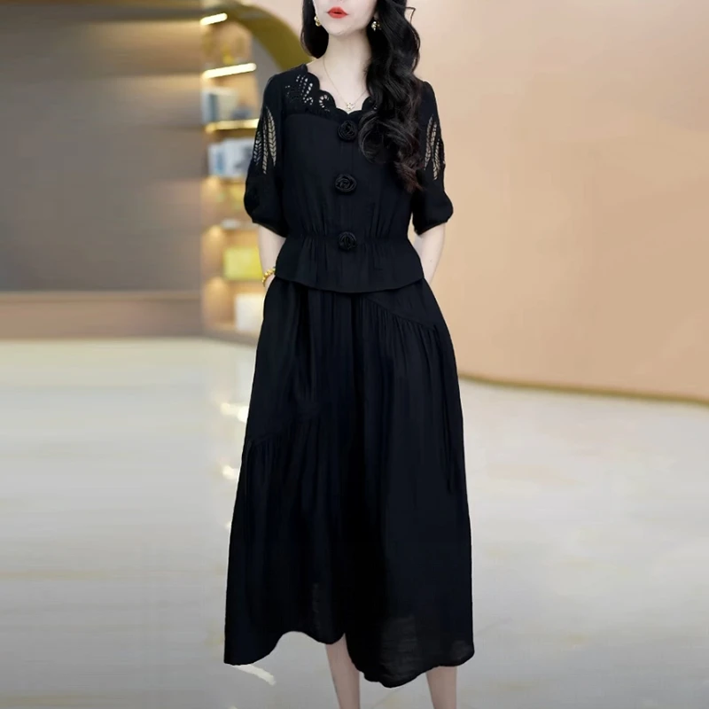 天竹棉轻奢女装2025夏季新款时尚黑色显瘦减龄拼接假两件连衣裙子