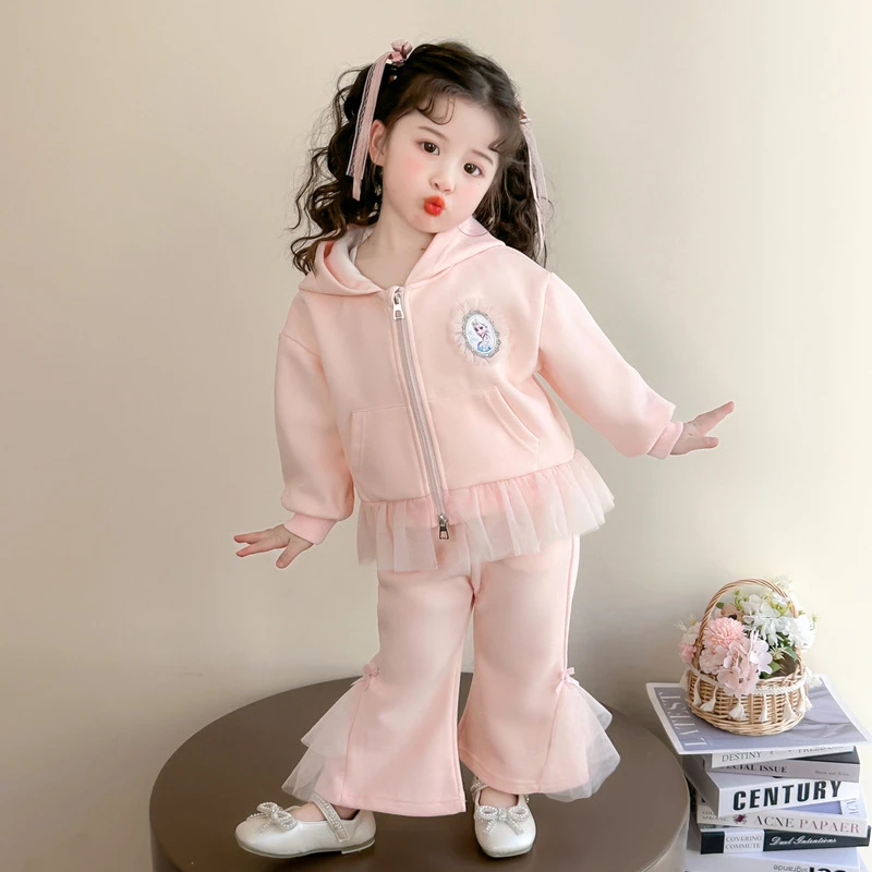 女童套装2025新款春秋季甜美艾莎公主蓝色粉色外套裤子时髦两件套