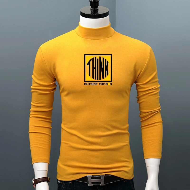 男士秋冬舒适半高领打底衫印花修身大码长袖t恤韩版厚款保暖紧身