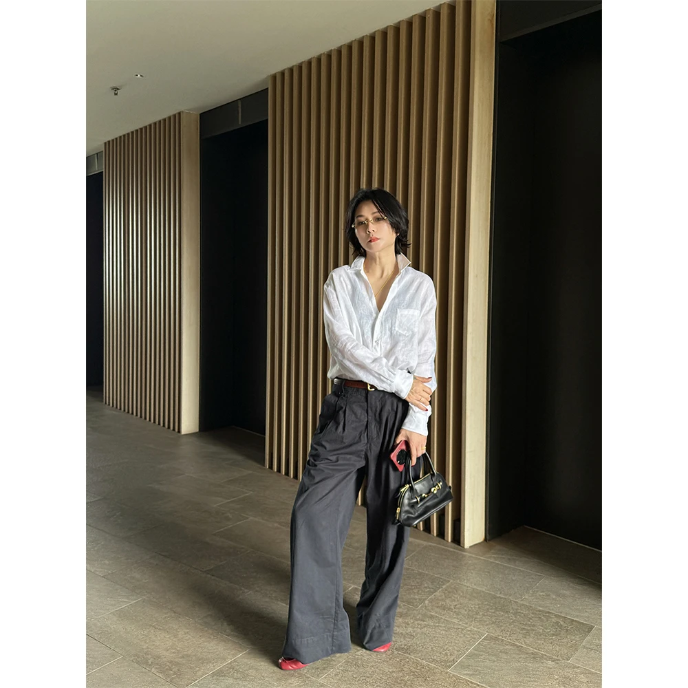 SHIIEELL现货 定染墨蓝精梳棉压褶净色老钱风洋气气质休闲裤Z1405