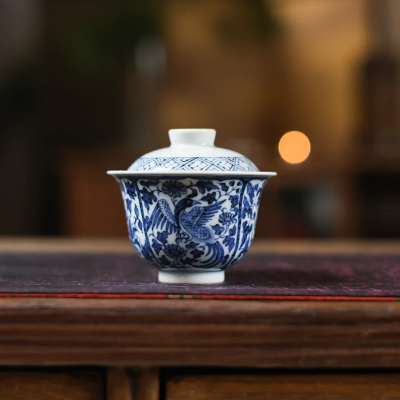 斋居 锦鸡花卉开窗盖碗-110ml(翁宿瑕S0173)