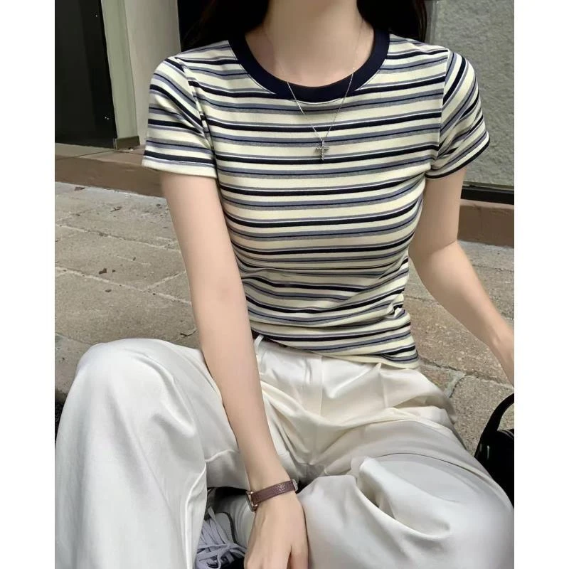 09正肩女T恤修身显瘦百搭上衣高弹力夏季薄款条纹短袖