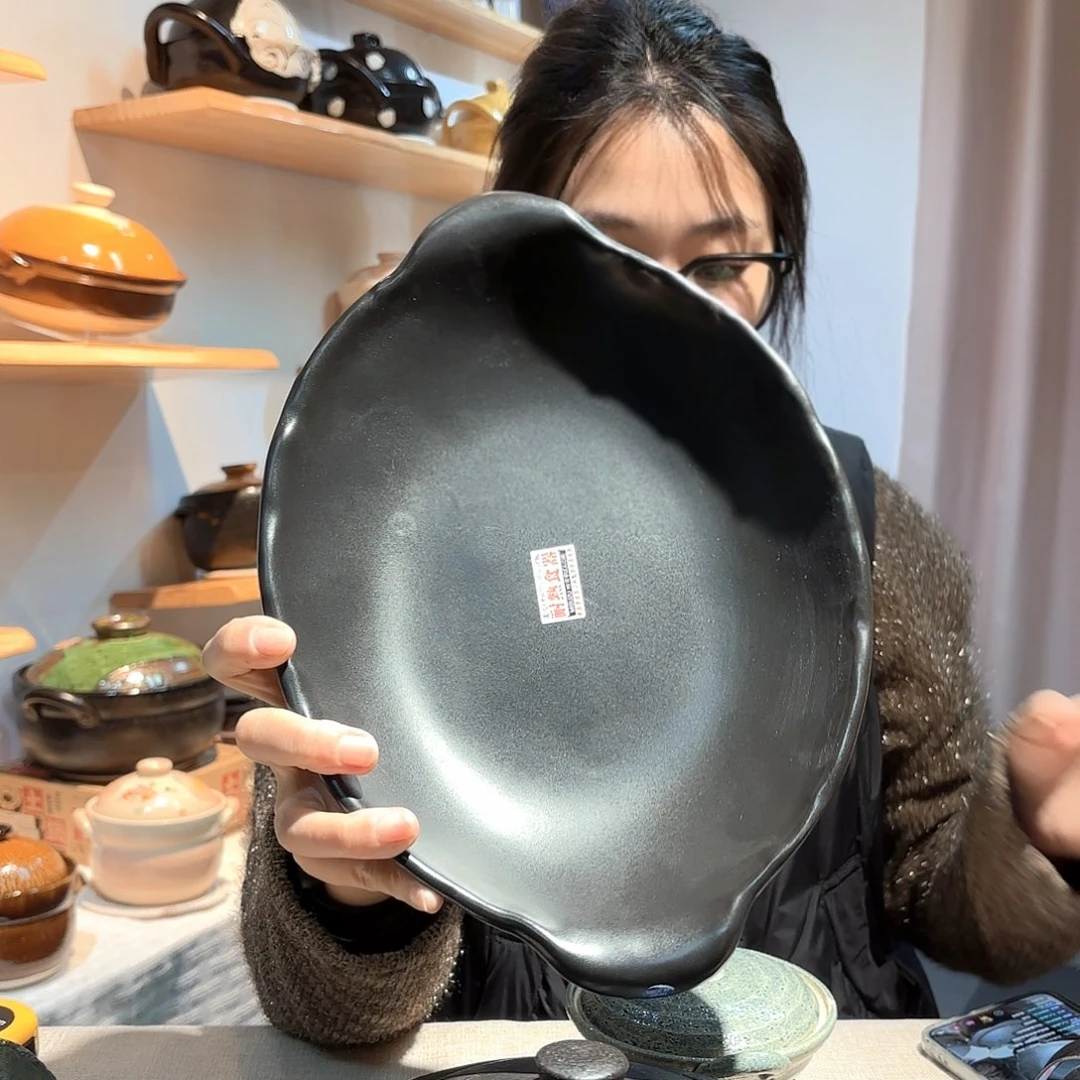万古烧椭圆烤鱼盘黑釉