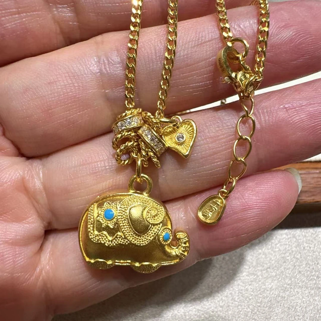 999足金侧身小象镶嵌套链