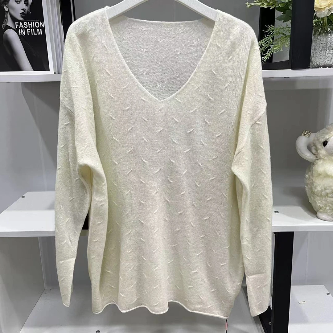 G9379【春季新款】时尚V领白色竖条纹理百搭毛衣035#
