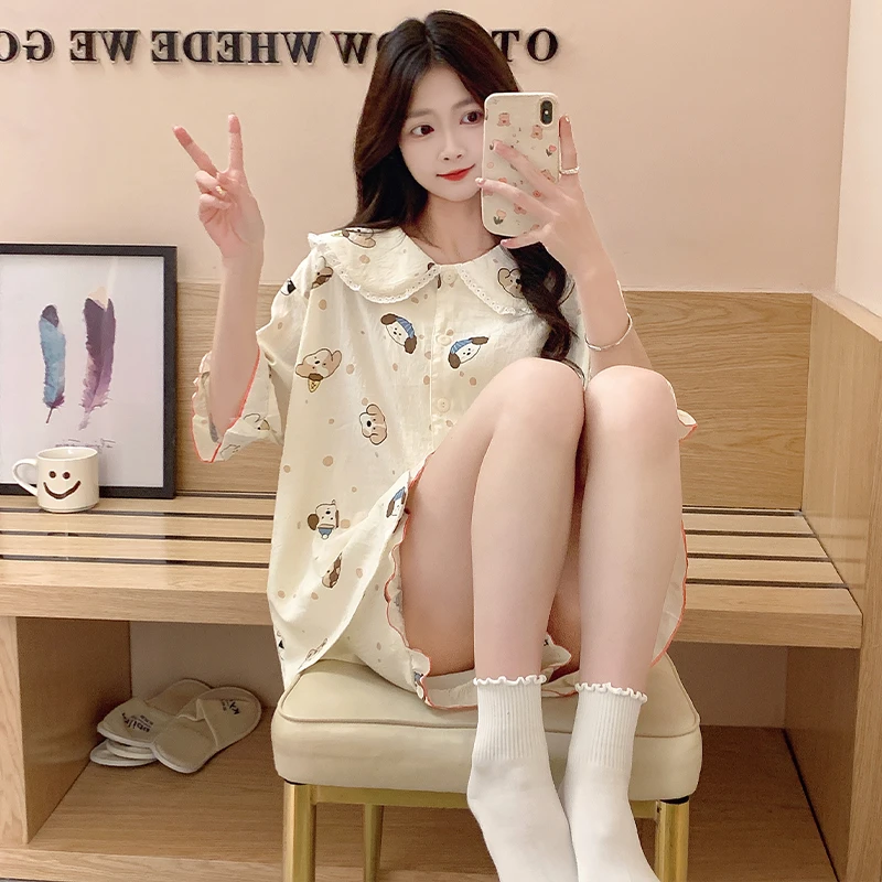 云朵棉睡衣女夏季可爱小狗开衫短袖夏天薄款少女可外穿家居服套装
