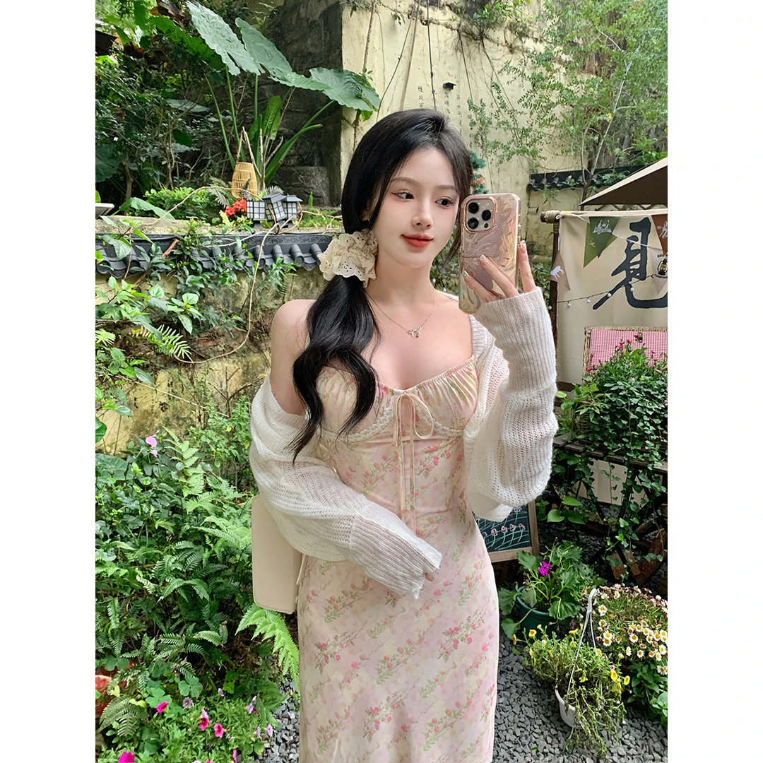 大码碎花吊带连衣裙女新款花边拼接法式长裙两件套-LK2916