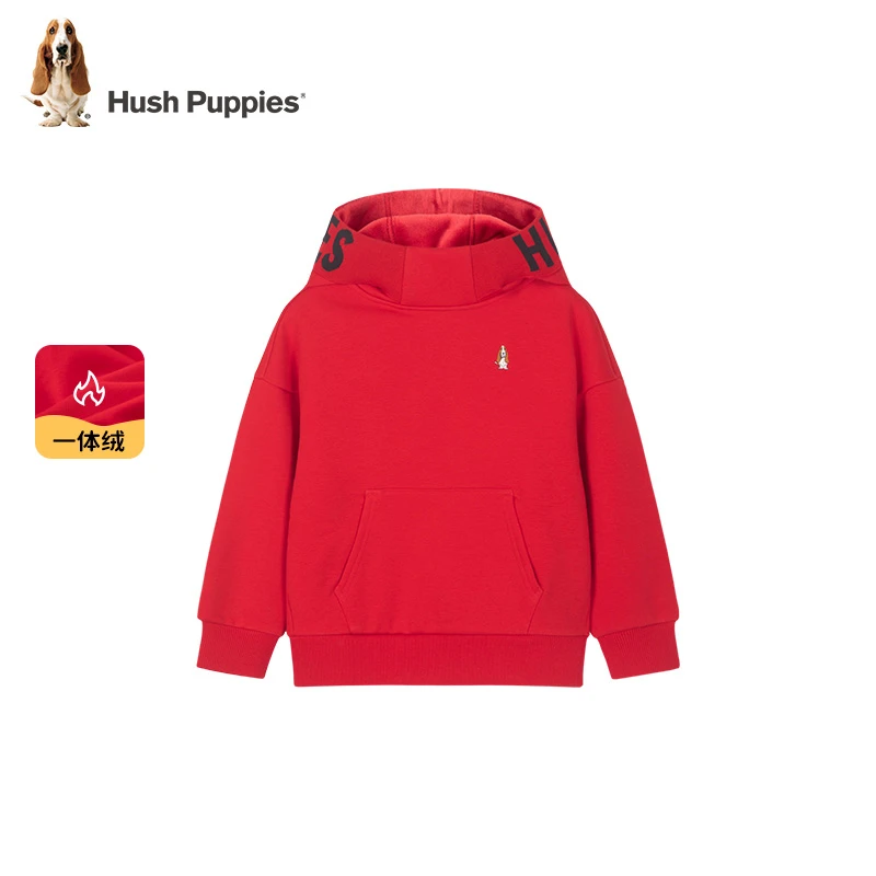 一体绒连帽暇步士童装冬季新款红色宽松加绒