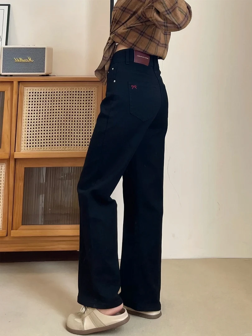 黑色直筒牛仔裤大码胖mm宽松显瘦加绒加厚裤子女款高腰直筒烟管裤