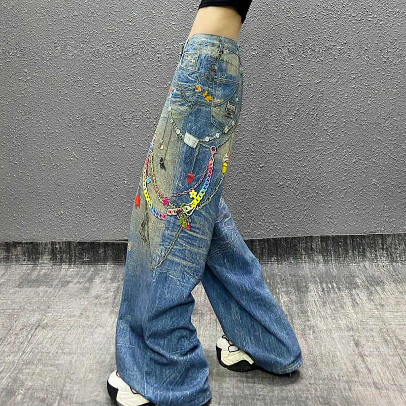 帅气彩色印花水洗休闲牛仔裤女夏新款高腰宽松显瘦百搭直筒阔腿裤