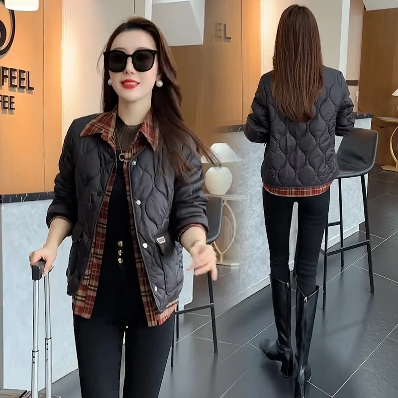 轻薄短款棉衣女2025秋冬新款假两件衬衫拼接棉袄外套设计感棉服潮