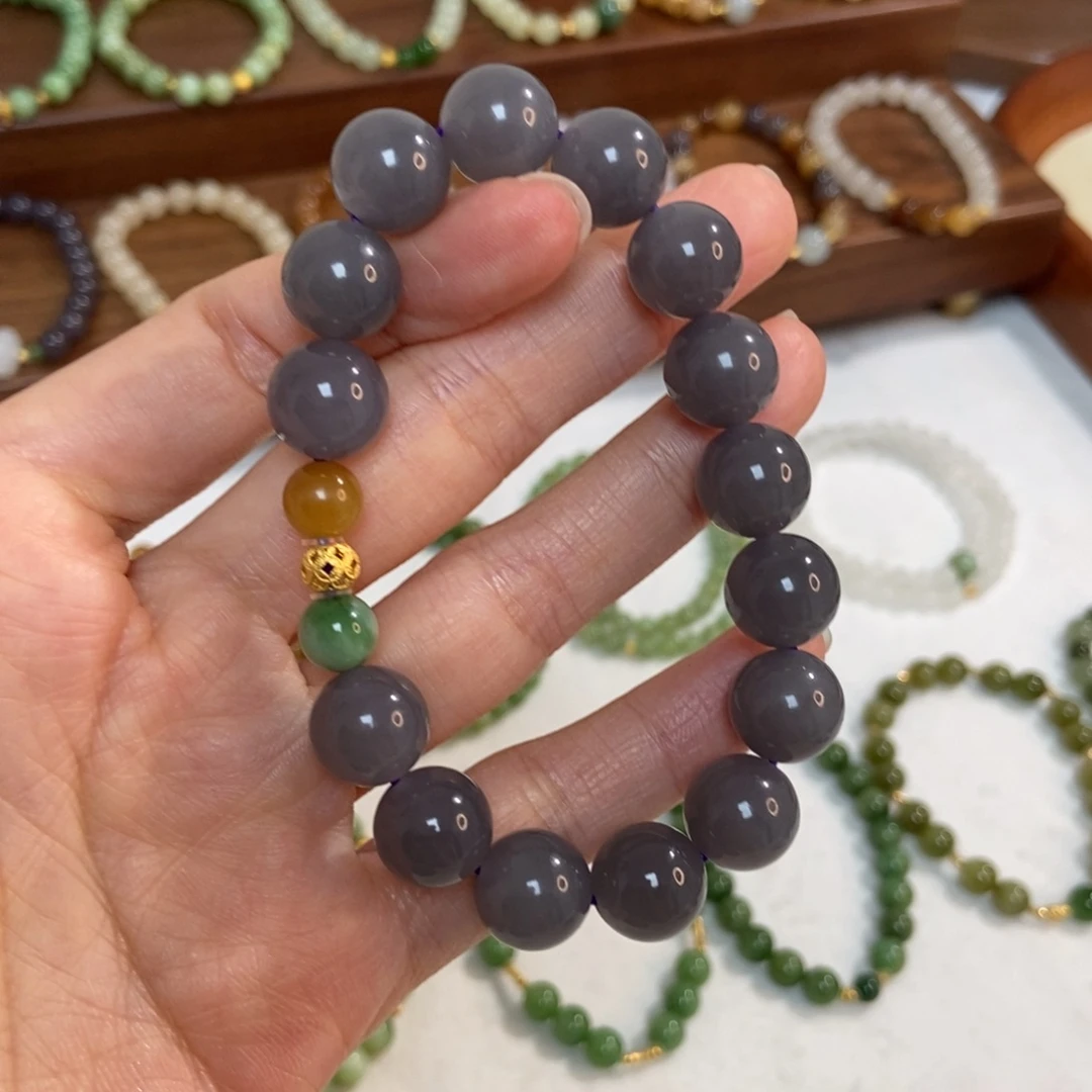 和田玉18K金镶嵌手链12mm深 烟紫