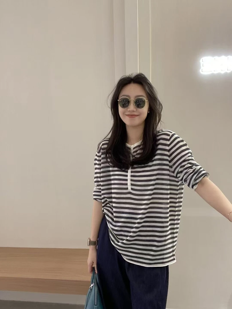 2025夏季新款条纹长袖防晒t恤罩衫时尚洋气上衣女百搭阔腿裤