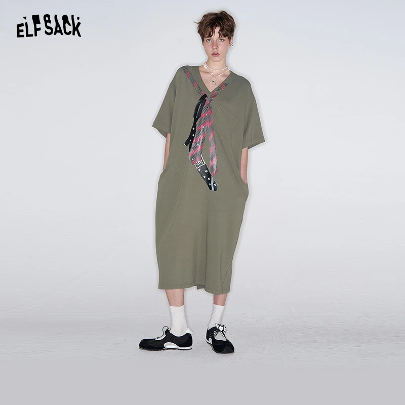 妖精的口袋复古印花v领短袖连衣裙2025春裙子设计感25100072