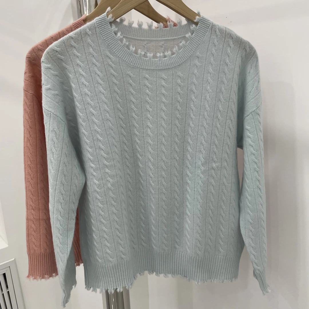 100纯山羊绒衫女士圆领全身小麻花针织打底衫落肩袖套头毛衣