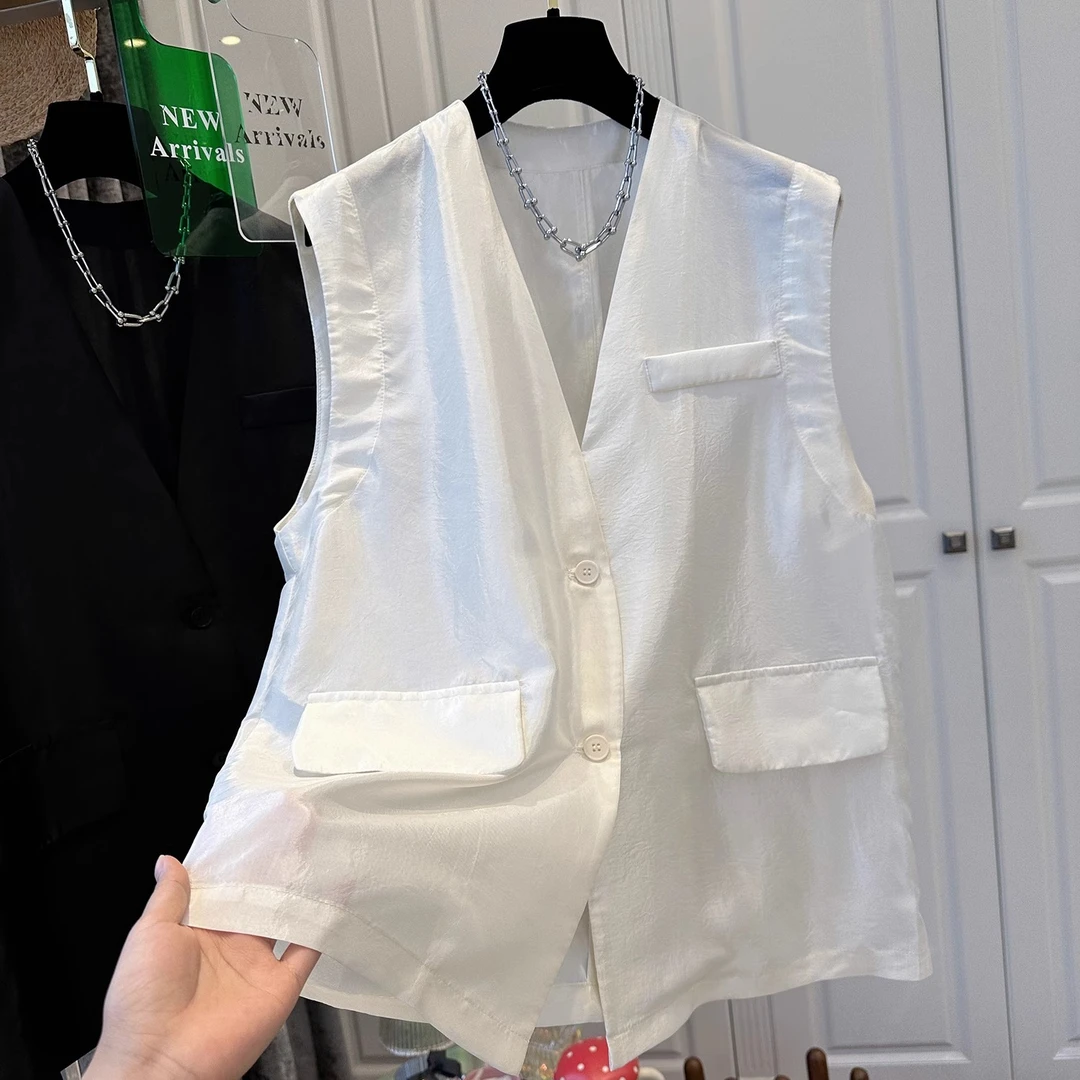 夏装时尚款大码女装高级感黑色V领亚麻坎肩马甲开衫轻薄上衣衬衫